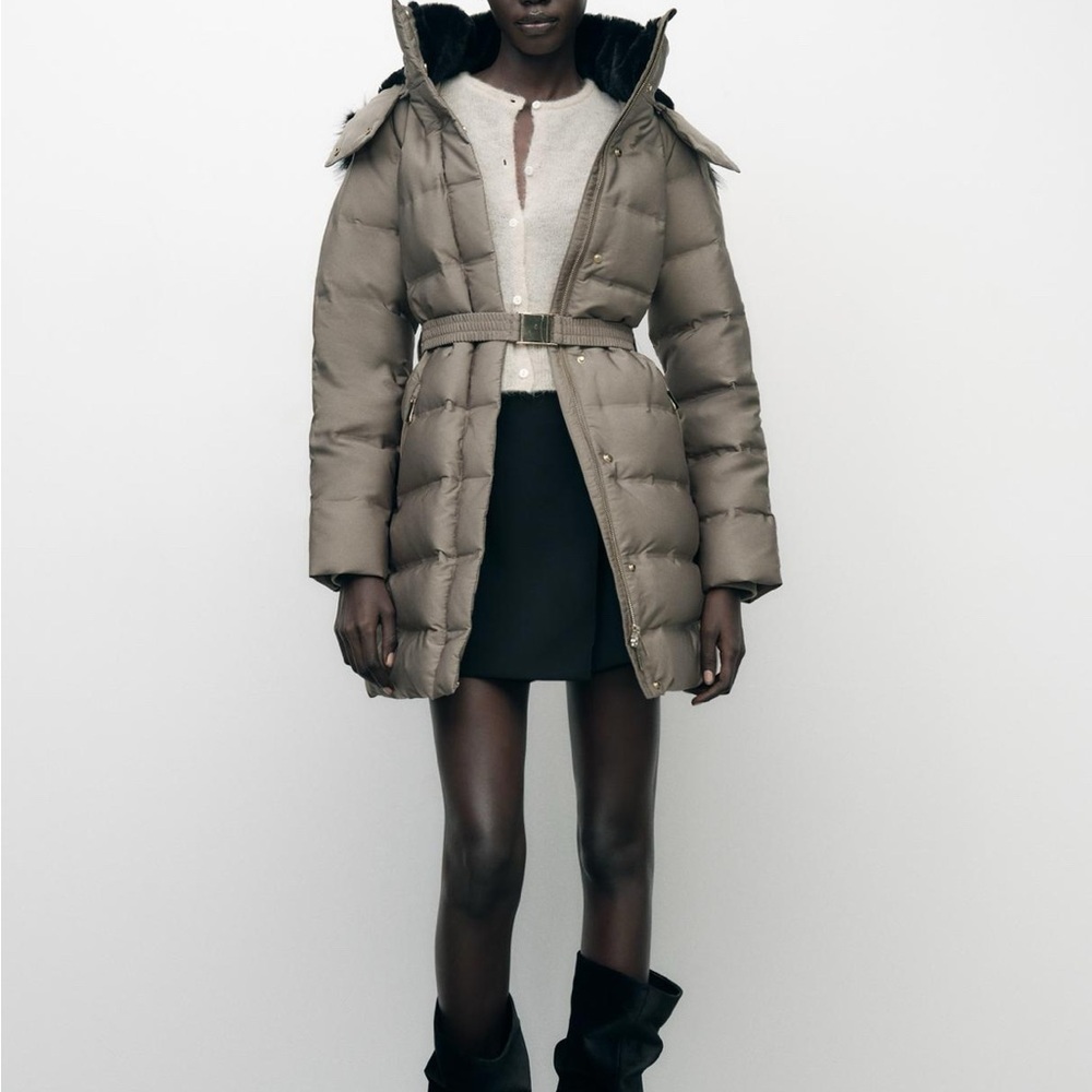 ZARA WATER AND WIND PROTECTION HOODED BELTED DOWN JACKET